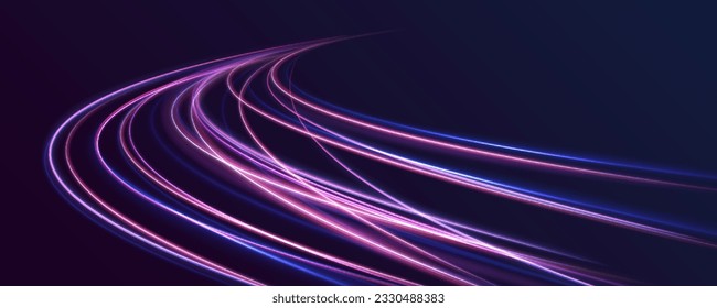 Líneas en forma de cometa con un fondo oscuro. Fondo de líneas brillantes de color neón, efecto de trazas de luz de alta velocidad. Magia de mover líneas rápidas. Vigas láser, rayos de luz horizontales. Vector.