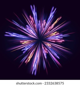 Lines in the shape of a comet against a dark background. Neon color glowing lines background, high-speed light trails effect. Magic of moving fast lines. Laser beams, horizontal light rays. Vector.
