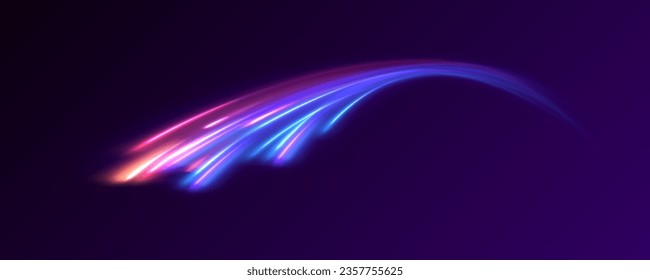 Líneas en forma de cometa con un fondo oscuro. Espirales de color radial. Aceleración del movimiento en el camino nocturno. Fondo brillante brillante.	