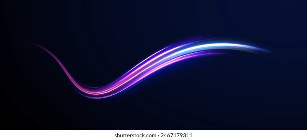 Lines in the shape of a comet against a dark background. Illustration of high speed concept. Curved light trail stretched upward. Vector Illustration.