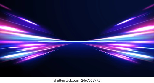 Líneas en forma de cometa sobre un fondo oscuro. Ilustración del concepto de alta velocidad. Efecto de luz de movimiento para Anuncios. Rastro de luz curvado estirado hacia arriba. Coche rápido. 