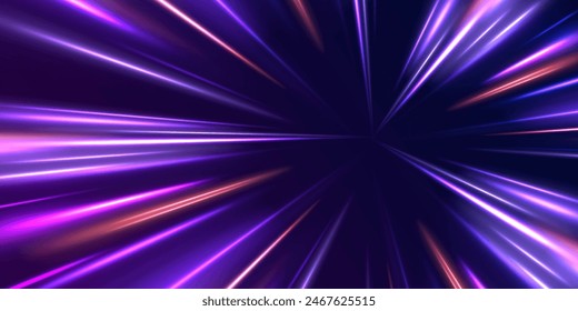 Lines in the shape of a comet against a dark background. Illustration of high speed concept. Motion light effect for banners. Curved light trail stretched upward. Fast speed car.	