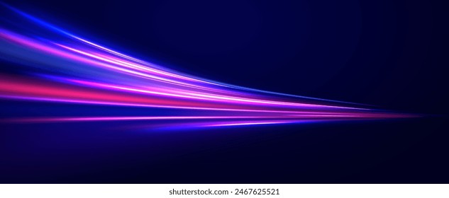 Líneas en forma de cometa sobre un fondo oscuro. Ilustración del concepto de alta velocidad. Efecto de luz de movimiento para Anuncios. Rastro de luz curvado estirado hacia arriba. Coche rápido.	