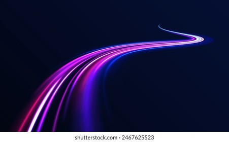 Lines in the shape of a comet against a dark background. Illustration of high speed concept. Motion light effect for banners. Curved light trail stretched upward. Fast speed car.	