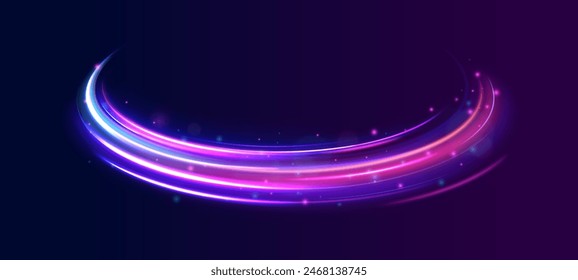Lines in the shape of a comet against a dark background. Illustration of high speed concept. Shiny wavy path. Rotating dynamic neon circle. Magic golden swirl with highlights. 