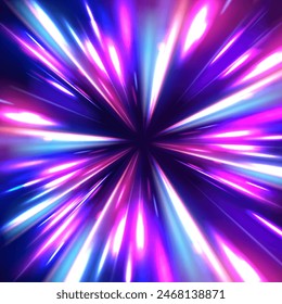 Líneas en forma de cometa sobre un fondo oscuro. Ilustración del concepto de alta velocidad. Efecto de luz de movimiento para Anuncios. Rastro de luz curvado estirado hacia arriba. Coche rápido. 