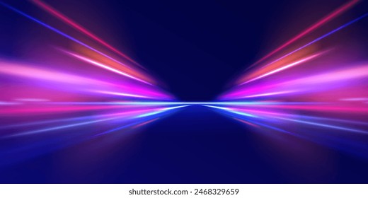 Líneas en forma de cometa sobre un fondo oscuro. Ilustración del concepto de alta velocidad. Efecto de luz de movimiento para Anuncios. Rastro de luz curvado estirado hacia arriba. Coche rápido. 