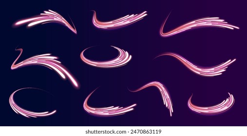 Lines in the shape of a comet against a dark background. Illustration of high speed concept. Curved light trail stretched upward. Vector Illustration.	
