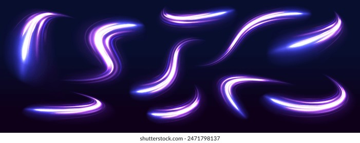 Linien in Form eines Kometen vor einem dunklen Hintergrund. Wirbelströme von Neonlicht. Magie der schnellen Linien. Laserstrahlen, Horizontale Lichtstrahlen. Vektorgrafik
