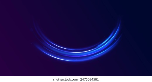 Lines in the shape of a comet against a dark background. Illustration of high speed concept. Motion light effect for banners. The effect of speed on a blue background.