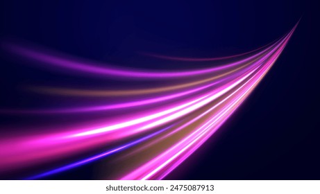 Lines in the shape of a comet against a dark background. Illustration of high speed concept. Motion light effect for banners. Curved light trail stretched upward. Fast speed car.	
