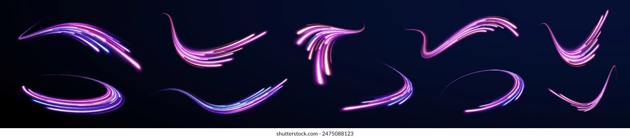 Lines in the shape of a comet against a dark background. Illustration of high speed concept. Curved light trail stretched upward. Vector Illustration.	