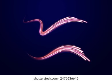Lines in the shape of a comet against a dark background. Illustration of high speed concept. Curved light trail stretched upward. Vector Illustration.	
