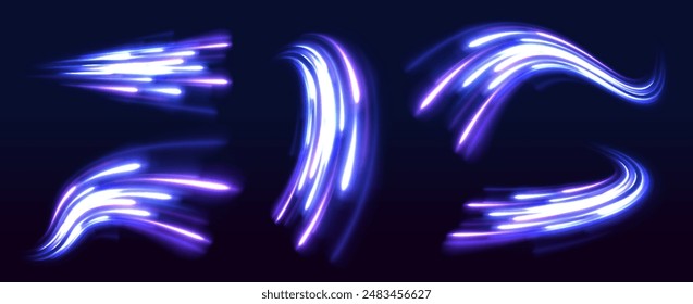 Lines in the shape of a comet against a dark background. Vortex streams of neon light. Magic of moving fast lines. Laser beams, horizontal light rays. Vector.	