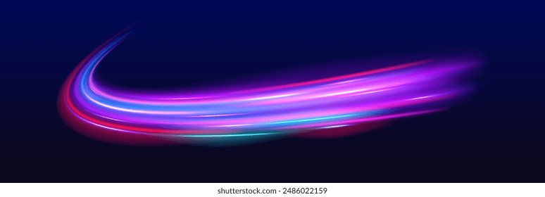 Linien in Form eines Kometen vor einem dunklen Hintergrund. Wirbelströme von Neonlicht. Magie der schnellen Linien. Laserstrahlen, Horizontale Lichtstrahlen. Vektorgrafik.	