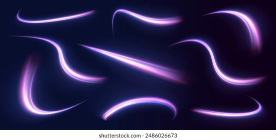 Lines in the shape of a comet against a dark background. Vortex streams of neon light. Magic of moving fast lines. Laser beams, horizontal light rays. Vector.	