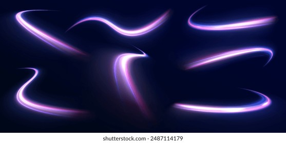 Líneas en forma de cometa sobre un fondo oscuro. Corrientes de vórtice de luz de neón. Magia de las líneas rápidas en movimiento. Rayos láser, rayos de luz Horizontal. Vector.	