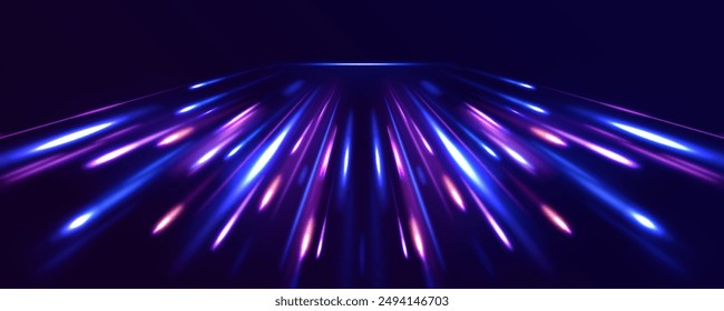 Lines in the shape of a comet against a dark background. Illustration of high speed concept. Motion light effect for banners. The effect of speed on a blue background.	
