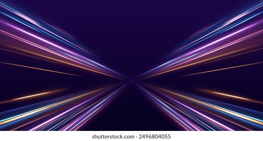 Lines in the shape of a comet against a dark background. Illustration of high speed concept. Motion light effect for banners. The effect of speed on a blue background.	
