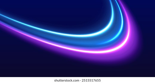 Linhas na forma de um cometa contra um fundo escuro. Efeito de luz de movimento para banners. Linhas brilhantes de cor de néon, efeito de trilhas de luz de alta velocidade. Espiral de onda brilhante roxa, linhas de cabo de impulso.
