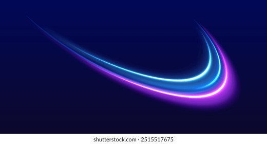 Lines in the shape of a comet against a dark background. Motion light effect for banners. Neon color glowing lines, high speed light trails effect. Purple glowing wave swirl, impulse cable lines.