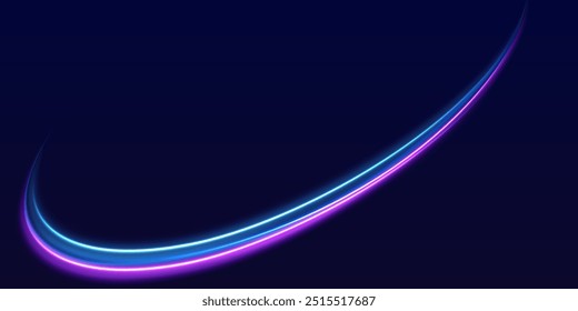 Lines in the shape of a comet against a dark background. Illustration of high speed concept. Motion light effect for banners. Curved light trail stretched upward. Fast speed car.