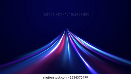 Linhas na forma de um cometa contra um fundo escuro. Ilustração do conceito de alta velocidade. Efeito de luz de movimento para banners. Carro rápido. Trilha de luz curva estendida para cima.