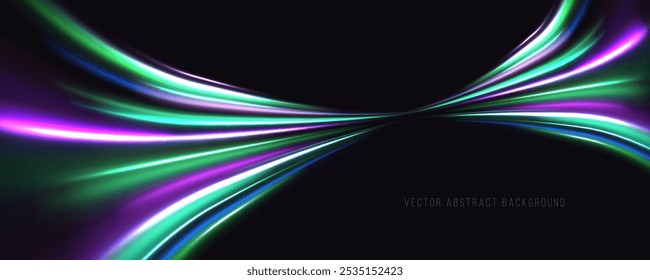 Lines in the shape of a comet against a dark background. Illustration of high speed concept. Motion light effect for banners. Fast speed car. Curved light trail stretched upward.
