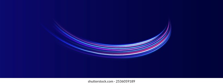 Lines in the shape of a comet against a dark background. Illustration of high speed concept. Motion light effect for banners. Fast speed car. Curved light trail stretched upward.