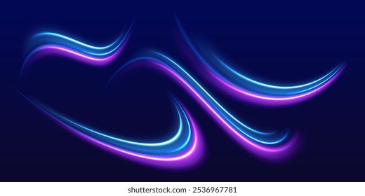 Líneas en forma de cometa sobre un fondo oscuro. Ilustración del concepto de alta velocidad. Luces de desenfoque de movimiento de efecto de alta velocidad para Anuncios. Sendero ligero curvo estirado hacia arriba.