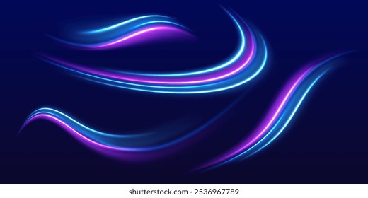 Lines in the shape of a comet against a dark background. Illustration of high speed concept. High speed effect motion blur lights for banners. Curved light trail stretched upward.