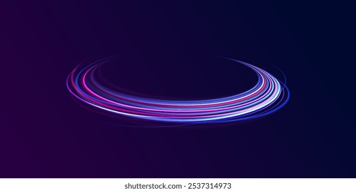 Lines in the shape of a comet against a dark background. Illustration of high speed concept. Motion light effect for banners. Fast speed car. Curved light trail stretched upward.