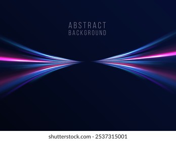 Líneas en forma de cometa sobre un fondo oscuro. Ilustración del concepto de alta velocidad. Efecto de luz de movimiento para Anuncios. Coche de alta velocidad. Sendero ligero curvo estirado hacia arriba.