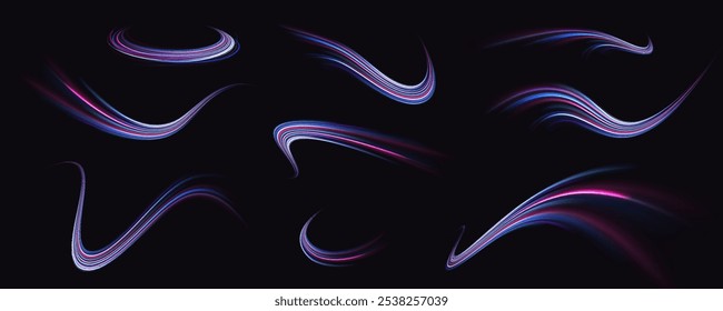 Lines in the shape of a comet against a dark background. Illustration of high speed concept. Motion light effect for banners. Fast speed car. Curved light trail stretched upward.