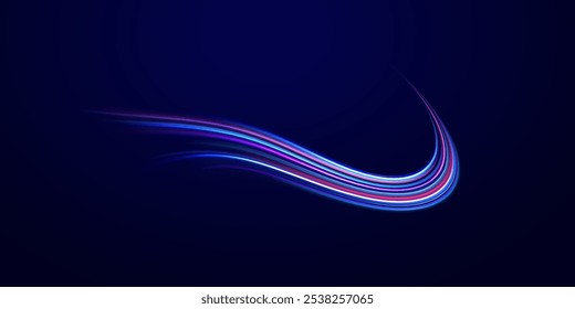 Linien in Form eines Kometen auf dunklem Hintergrund. Illustration des Hochgeschwindigkeitskonzepts. Bewegungslichteffekt für Banner. Schnelles Auto. Gekrümmte Lichtspur nach oben gestreckt.