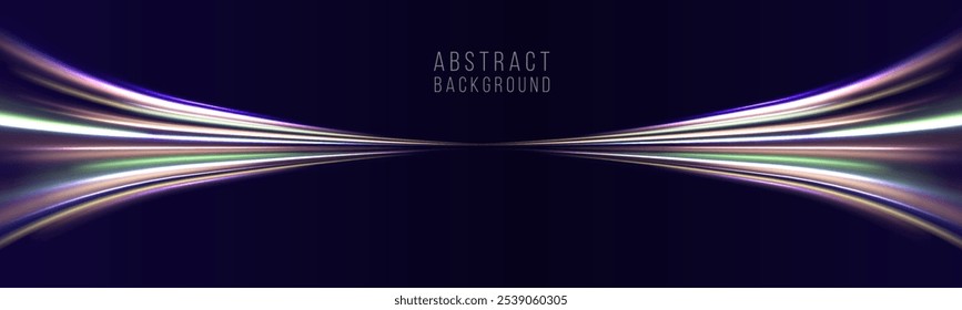 Linhas na forma de um cometa contra um fundo escuro. Ilustração do conceito de alta velocidade. Efeito de luz de movimento para banners. Carro rápido. Trilha de luz curva estendida para cima.