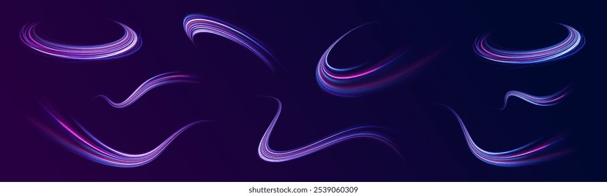 Lines in the shape of a comet against a dark background. Illustration of high speed concept. Motion light effect for banners. Fast speed car. Curved light trail stretched upward.