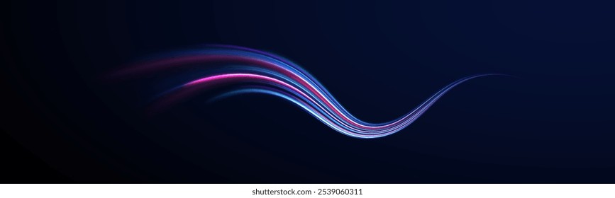 Lines in the shape of a comet against a dark background. Illustration of high speed concept. Motion light effect for banners. Fast speed car. Curved light trail stretched upward.