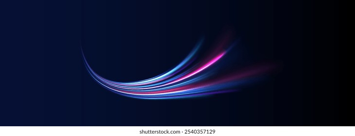 Lines in the shape of a comet against a dark background. Illustration of high speed concept. Motion light effect for banners. Fast speed car. Curved light trail stretched upward.