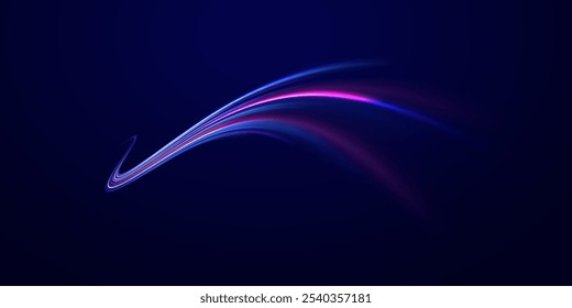 Lines in the shape of a comet against a dark background. Illustration of high speed concept. Motion light effect for banners. Fast speed car. Curved light trail stretched upward.