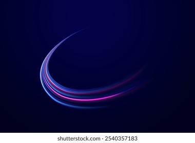 Lines in the shape of a comet against a dark background. Illustration of high speed concept. Motion light effect for banners. Fast speed car. Curved light trail stretched upward.