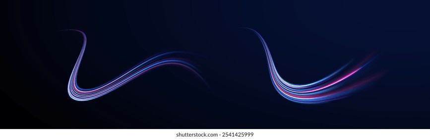 Lines in the shape of a comet against a dark background. Illustration of high speed concept. Motion light effect for banners. Fast speed car. Curved light trail stretched upward.