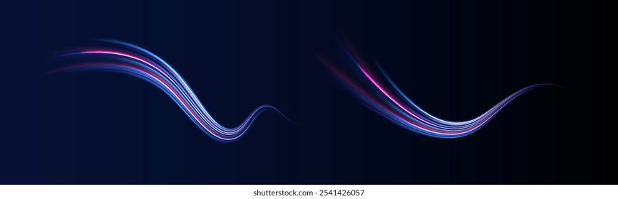 Líneas en forma de cometa sobre un fondo oscuro. Ilustración del concepto de alta velocidad. Efecto de luz de movimiento para Anuncios. Coche de alta velocidad. Sendero ligero curvo estirado hacia arriba.