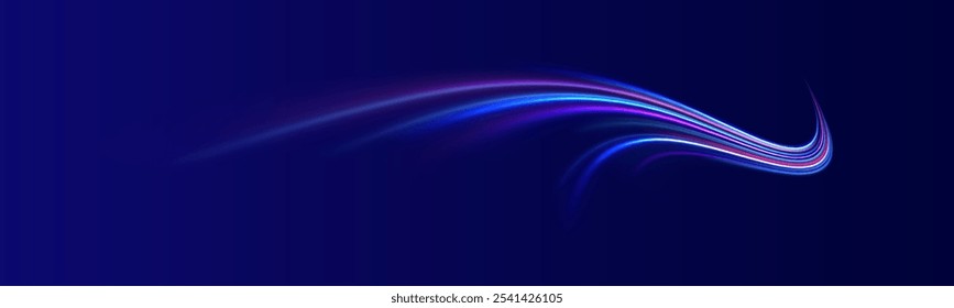 Líneas en forma de cometa sobre un fondo oscuro. Ilustración del concepto de alta velocidad. Efecto de luz de movimiento para Anuncios. Coche de alta velocidad. Sendero ligero curvo estirado hacia arriba.