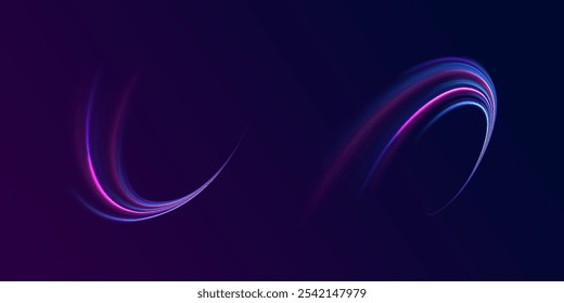 Lines in the shape of a comet against a dark background. Illustration of high speed concept. Motion light effect for banners. Fast speed car. Curved light trail stretched upward.