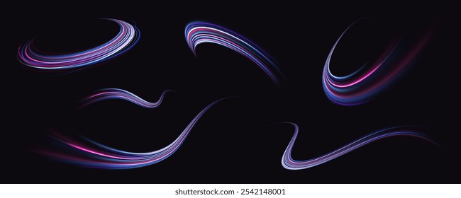 Linhas na forma de um cometa contra um fundo escuro. Ilustração do conceito de alta velocidade. Efeito de luz de movimento para banners. Carro rápido. Trilha de luz curva estendida para cima.