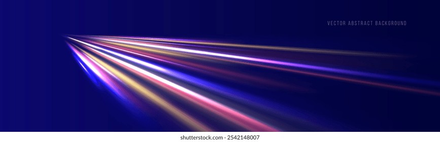 Linhas na forma de um cometa contra um fundo escuro. Ilustração do conceito de alta velocidade. Efeito de luz de movimento para banners. Carro rápido. Trilha de luz curva estendida para cima.
