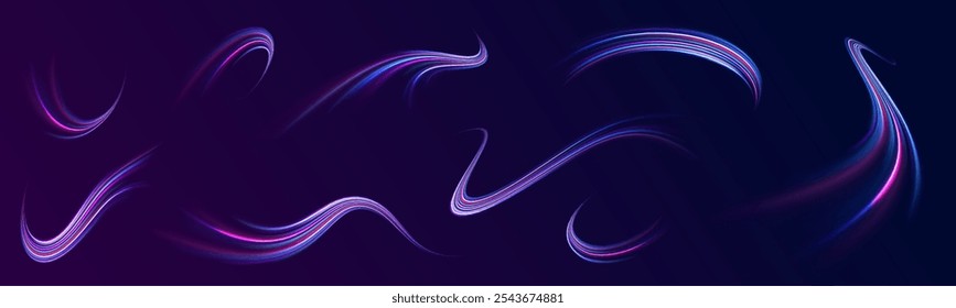 Lines in the shape of a comet against a dark background. Illustration of high speed concept. Motion light effect for banners. Fast speed car. Curved light trail stretched upward.