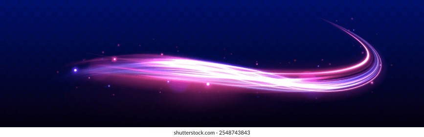 Lines in the shape of a comet against a dark background. Vortex streams of neon light. Glitter sparkle star trail, light effect, abstract waves flow vector illustration.	