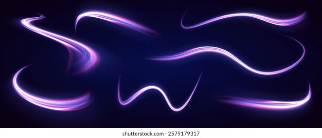 Lines in the shape of a comet against a dark background. Vortex streams of neon light. Abstract vector fire circles, sparkling swirls and energy light spiral frames.	